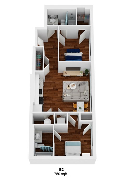 a stylized 3d floor plan with a bedroom and a living room